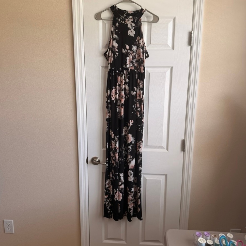Vanilla Bay Womens Black Pink Floral Halter Maxi Dress Size M Made in USA